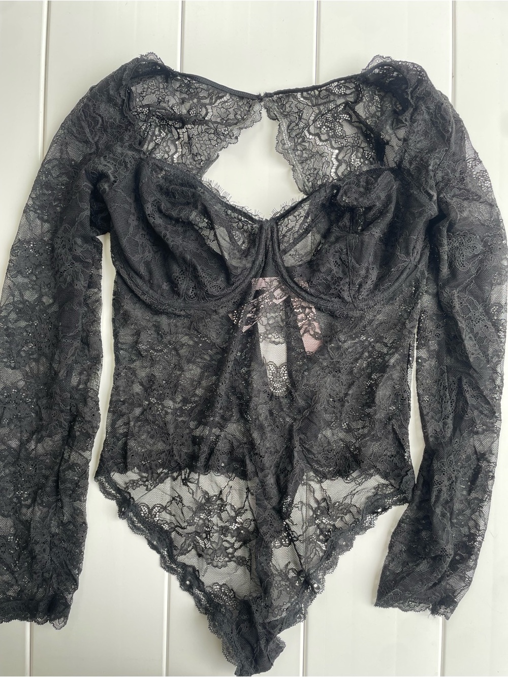 Victoria’s Secret Black Lace Lingerie Body Suit, Long Sleeve, Thong Style, NWT